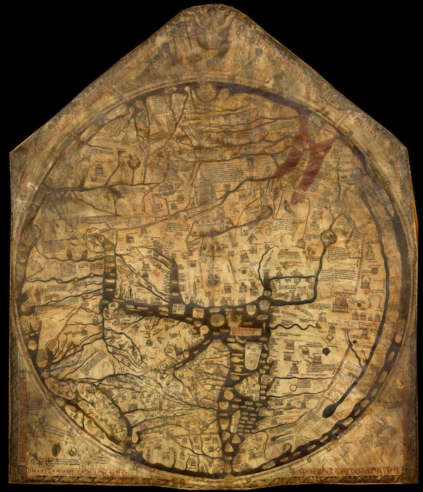 La mappa di Hereford, una mappa del Duecento disegnata nell’omonima città inglese della contea di Herefordshire, con Gerusalemme al centro e l’est in alto a sinistra