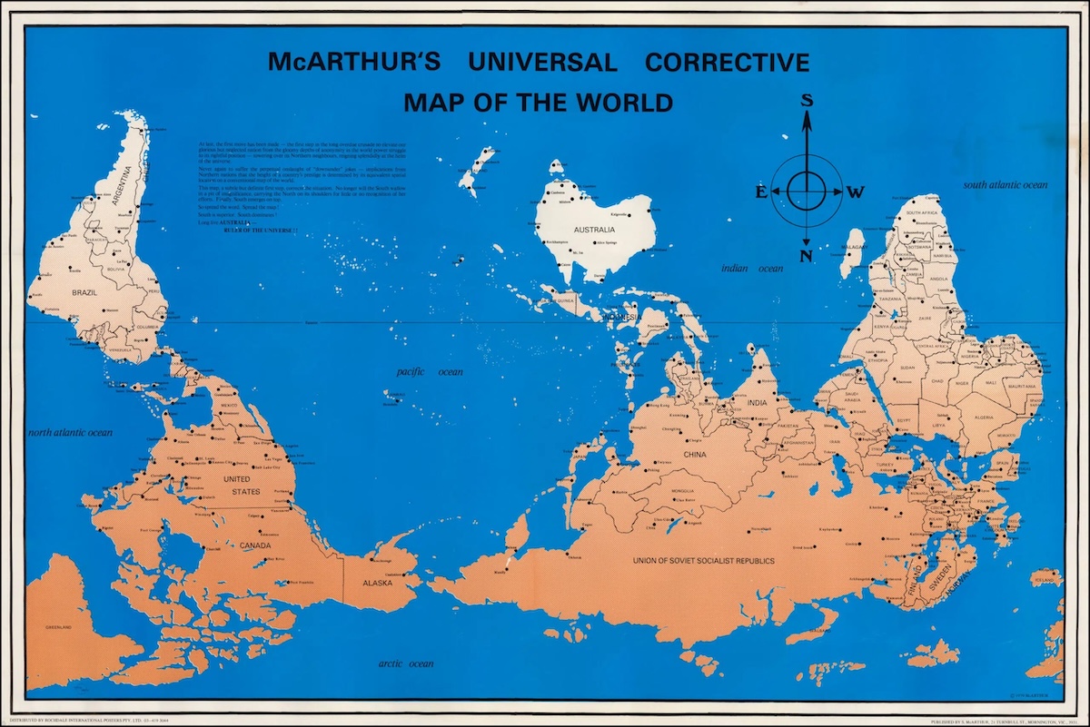 La «mappa correttiva del mondo» disegnata nel 1979 da Stuart McArthur (Mapasmilhaud.com)
