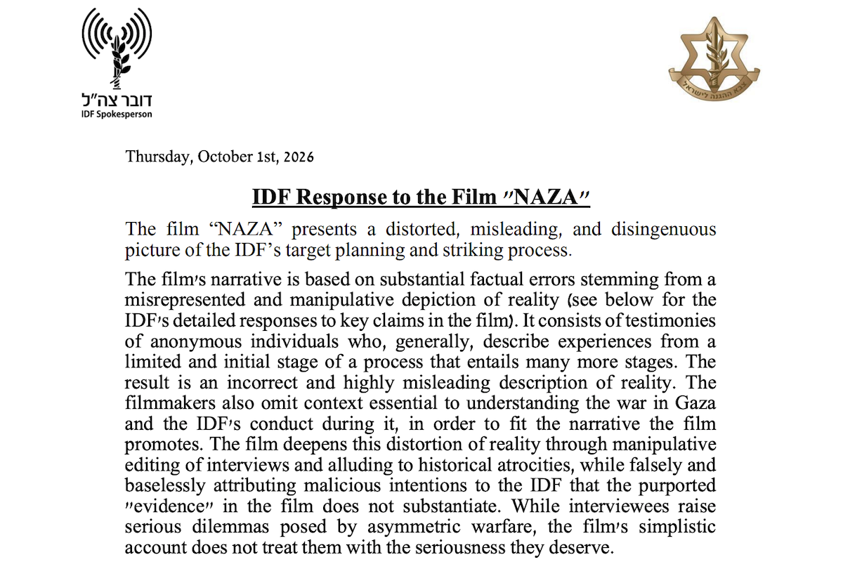L’esercito israeliano ha pubblicato una lunga lettera per criticare il film NAZA e i registi che lo hanno diretto