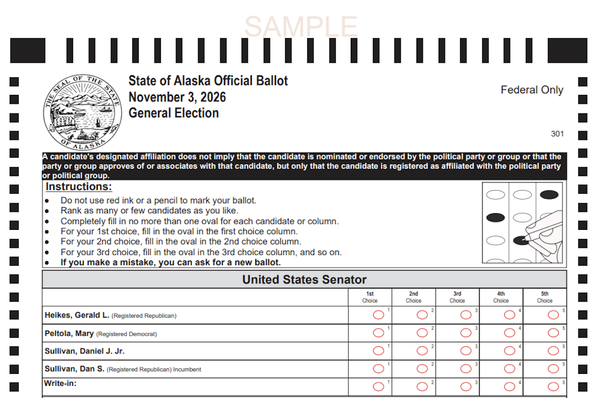 Un fac-simile della scheda elettorale per il Senato in Alaska